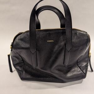 Fossil Black Leather Top-Handle Satchel with Gold Accents